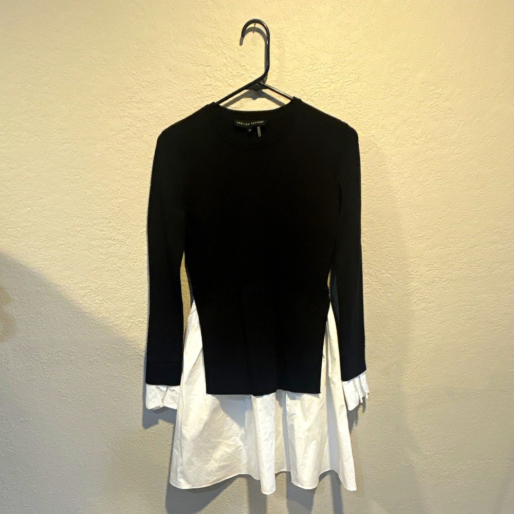 English Factory Poplin Combo Knit Mini Dress Black/White XS Long Sleeve MK513D